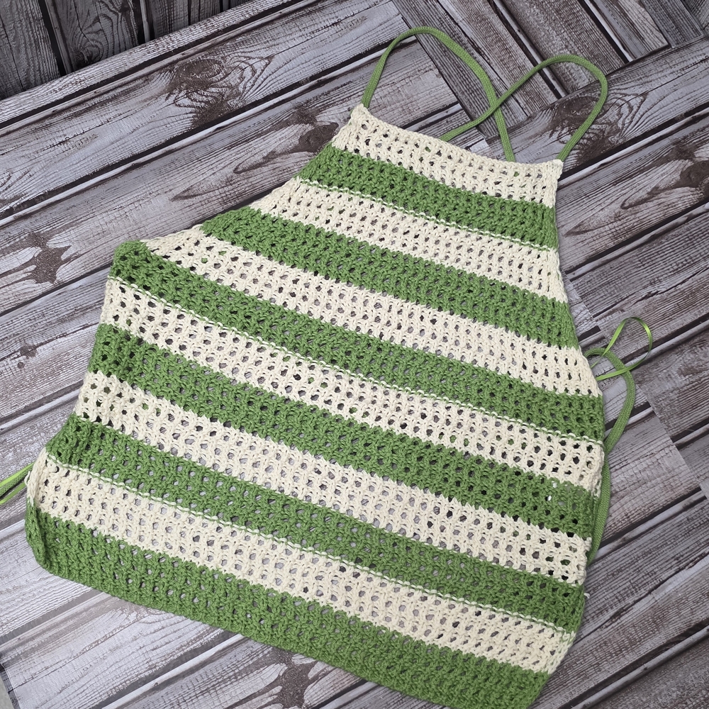 Green and Cream Striped Crochet Halter Top